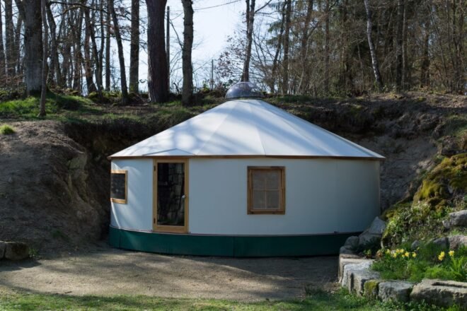 round yurt with front door and windows