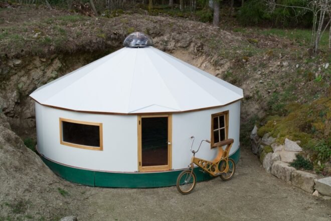 aerial shot of white yurt