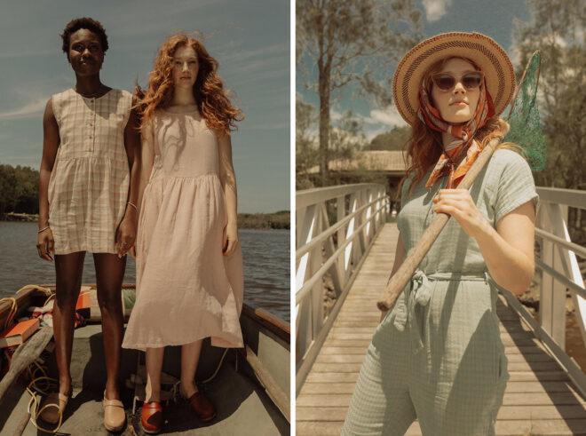 On the left, two people in organic cotton dresses on a boat. On the right, person in cotton jumpsuit holding a fishing net.
