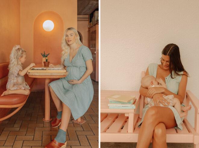 On the left, pregnant mother playing board game with child. On the right, mother in cotton dress nursing a baby.