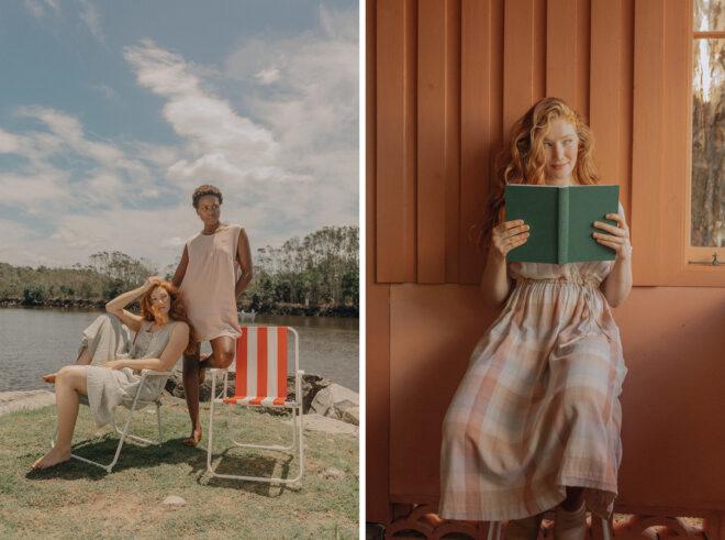 On the left, two people in cotton dresses by a lake. On the right, person in cotton jumpsuit reading a book.