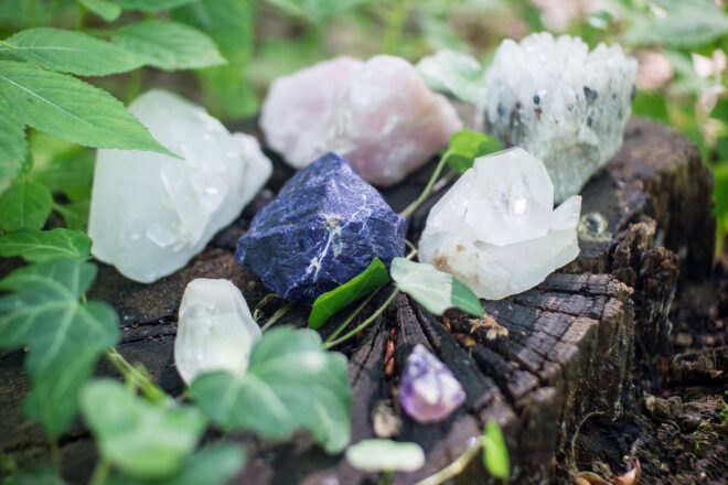 various crystals on a tree stump surrounded by leaves