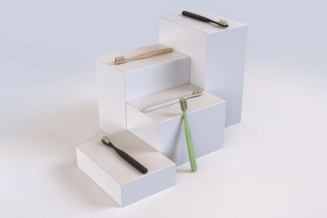 recycled plastic toothbrushes on pedestals
