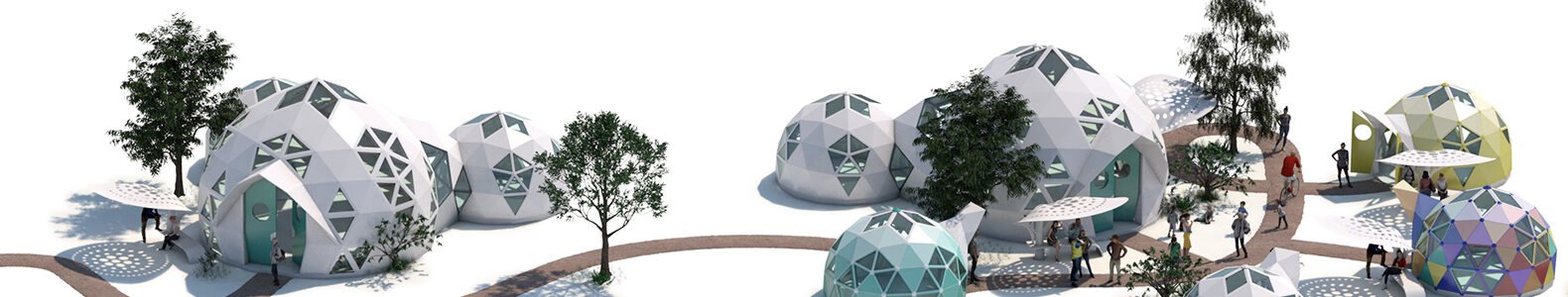 several small geodesic home homes connected by a pathway