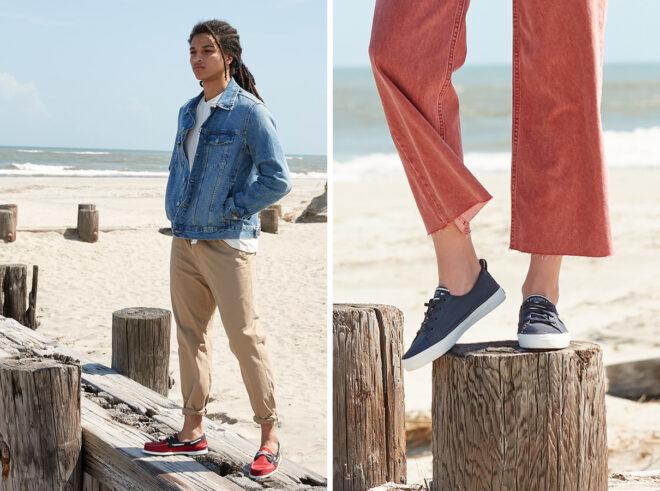 On the left, person wearing red and blue boat shoes on a beach. On the right, person wearing blue boat shoes on the beach.