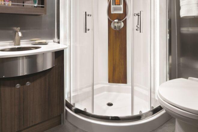 round stand up shower stall and vanity