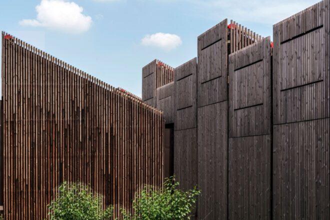 large, dark timber building