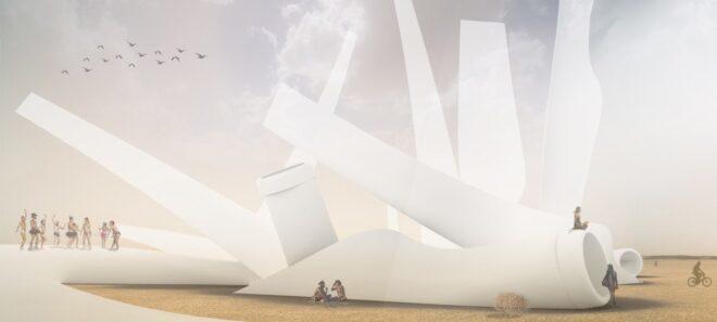 rendering of recycled wind turbine blades sticking out of desert sand