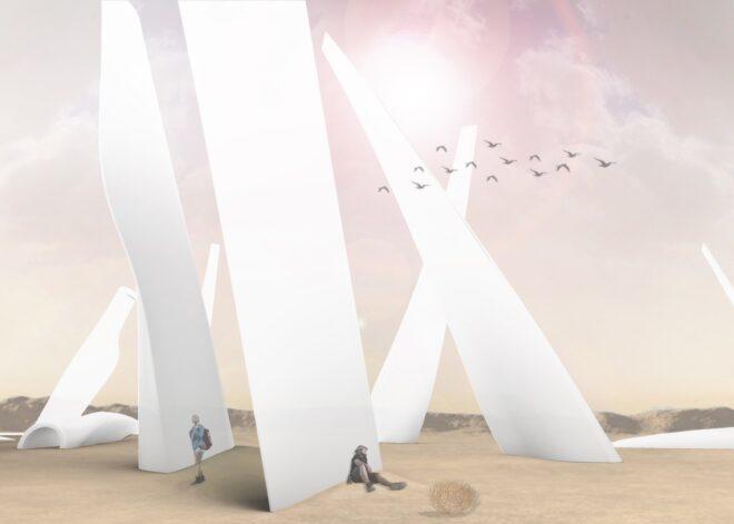 rendering of people resting against massive wind turbine blades