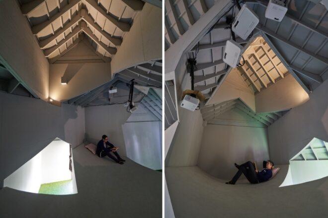wooden interior with angular walls and ceilings