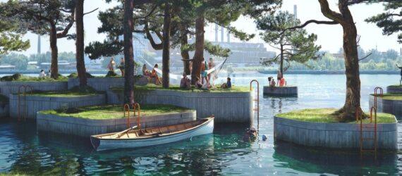 rendering of human-made islands filled with trees