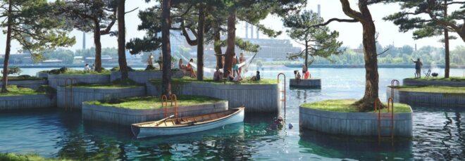 rendering of human-made islands filled with trees