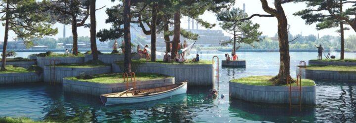 rendering of human-made islands filled with trees