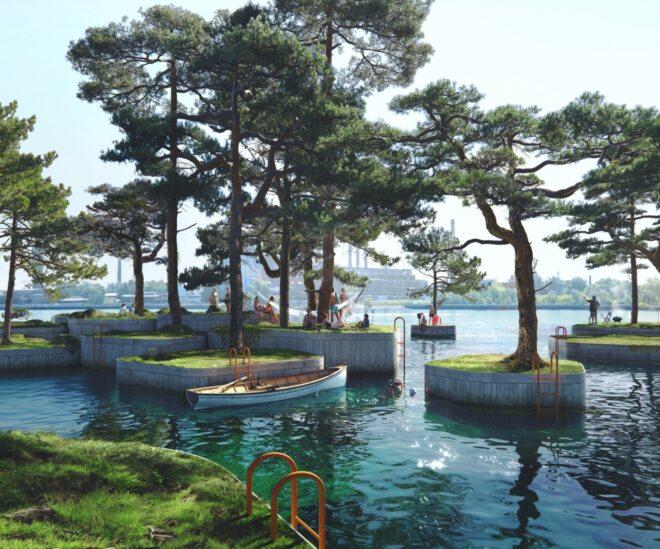 rendering of human-made islands filled with trees