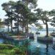 rendering of human-made islands filled with trees