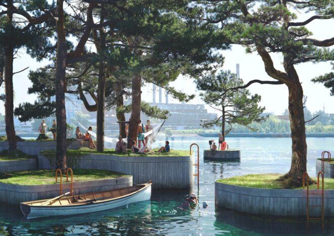 rendering of boat near tree-covered islands