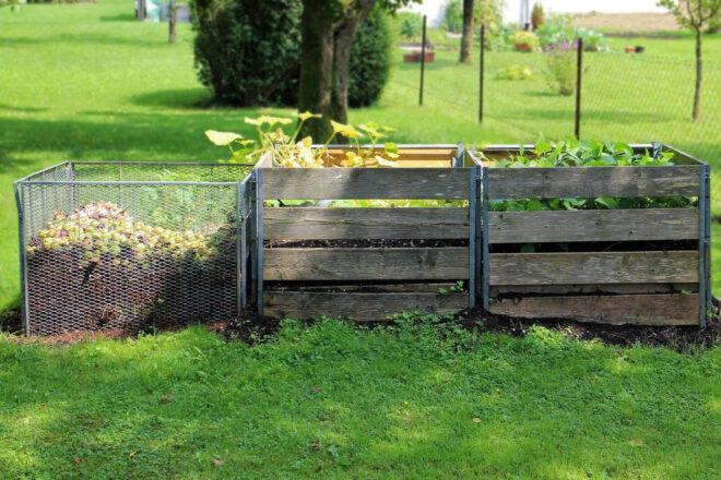 homemade compost bin near two wood garden plots