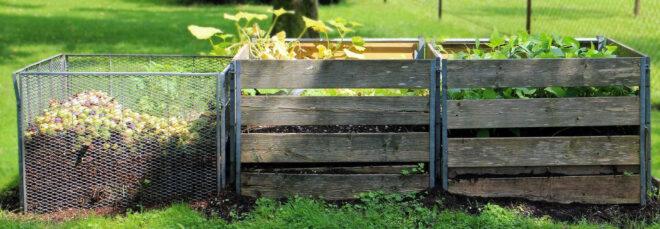 homemade compost bin near two wood garden plots