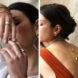 On the left, person showing of metal rings and bracelets. On the right, person wearing low-back shirt with long necklaces draped over the spine.