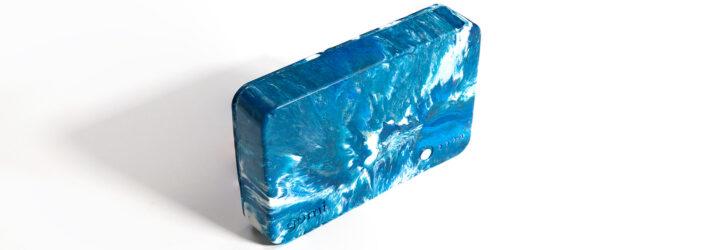 a blue and white marbled charger
