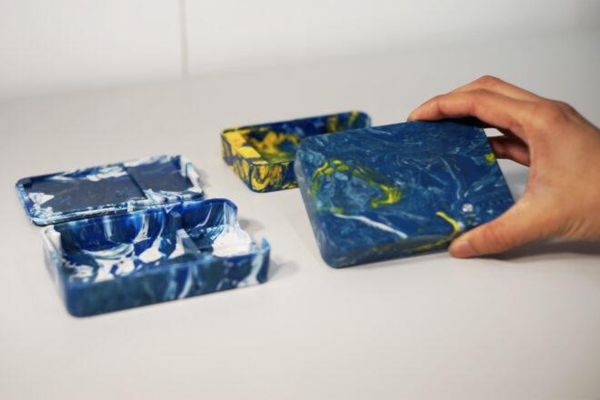 several marbled external chargers
