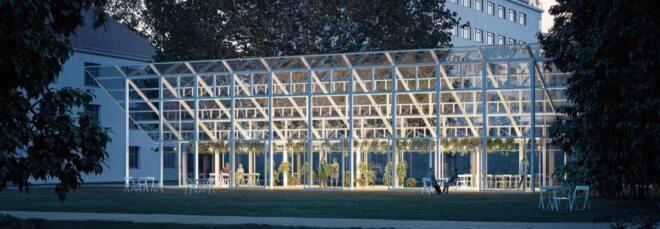closeup of a trapezoid structure full of white cross beams