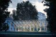 a trapezoid structure full of white cross beams