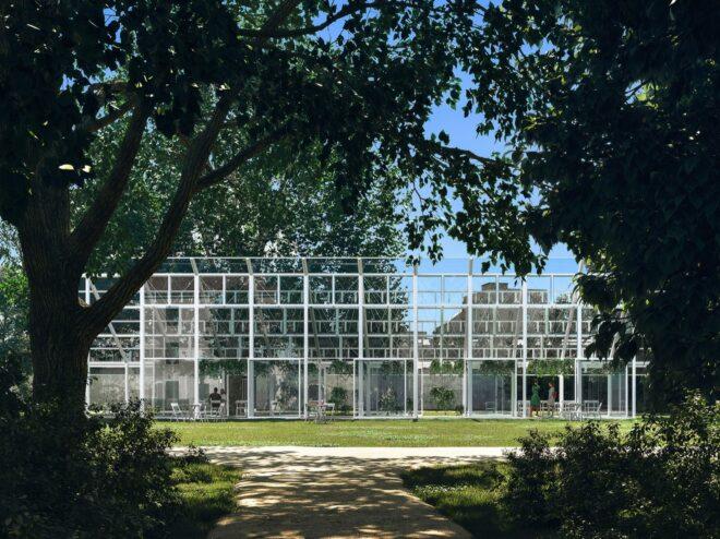 a trapezoid structure full of white cross beams and surrounded by greenery