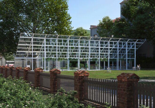 a picket fence with brick poles blocking off shrubs from a green lawn with a trapezoid structure full of white cross beams