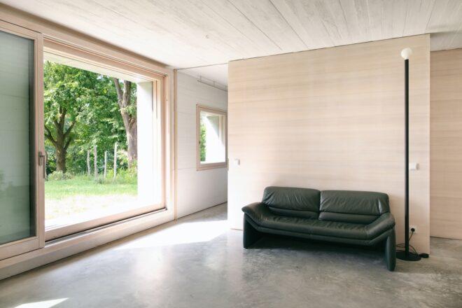 dark sofa against light wood wall