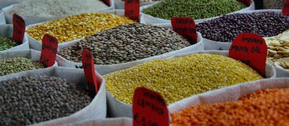 a store display with several containers full of various beans