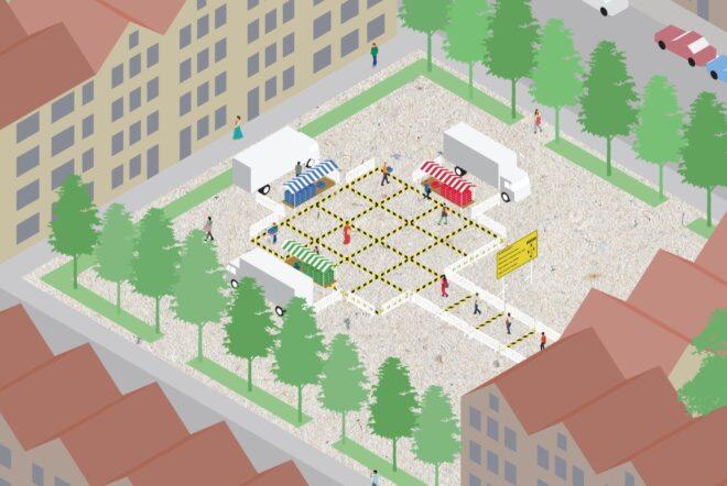 rendering of open-air market with grid layout