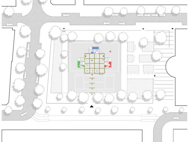 aerial diagram of small market with a grid layout