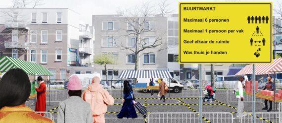 rendering of people waiting in line to enter an open-air market