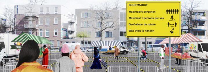 rendering of people waiting in line to enter an open-air market