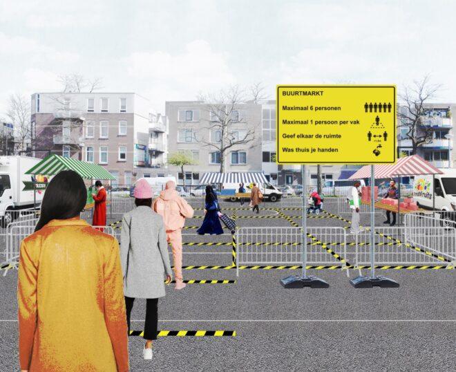 rendering of people waiting in line to enter an open-air market