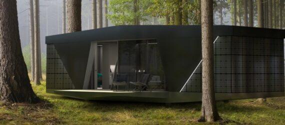 black tiny home in forest