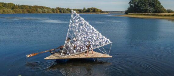 floating raft with triangular canopy