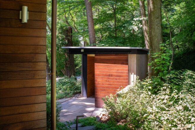 tiny shed with sliding wooden door