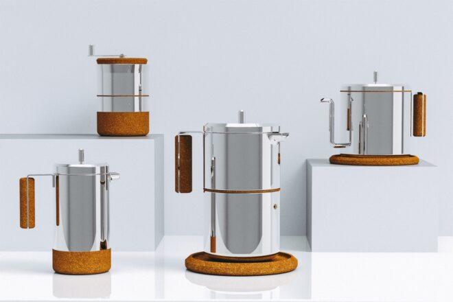 collection of silver coffee pots with cork accents
