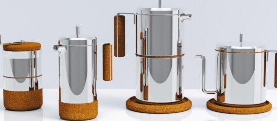 collection of silver coffee pots with cork handles and bases