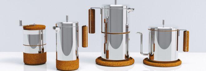 collection of silver coffee pots with cork handles and bases