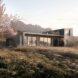 rendering of wood home with several glass windows in front of mountainous landscape