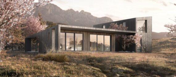 rendering of wood home with several glass windows in front of mountainous landscape