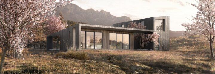 rendering of wood home with several glass windows in front of mountainous landscape