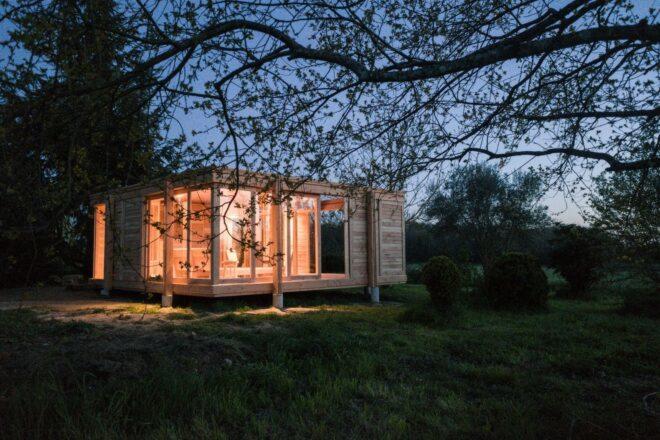 square cabin with sliding glass doors