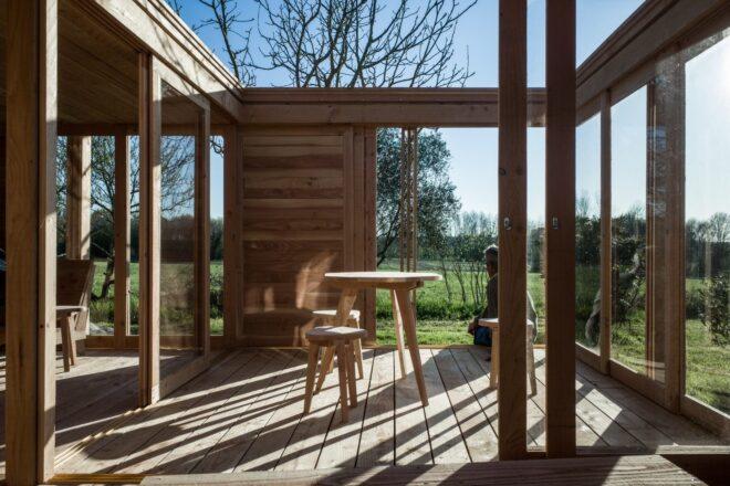 interior wood courtyard of tiny home