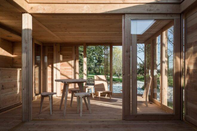 sliding glass doors open to interior living space