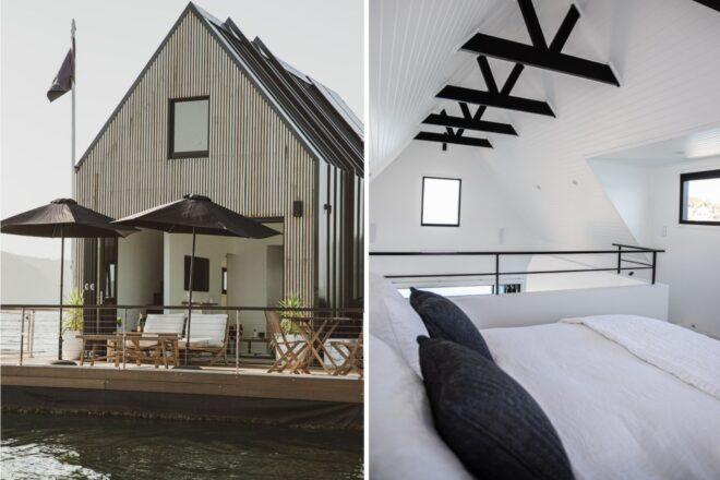 two images: one of front of floating home with deck and the second image of a white bedroom with dark wood ceiling beams
