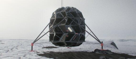 rendering of elevated pod on stilts in a desolate landscape